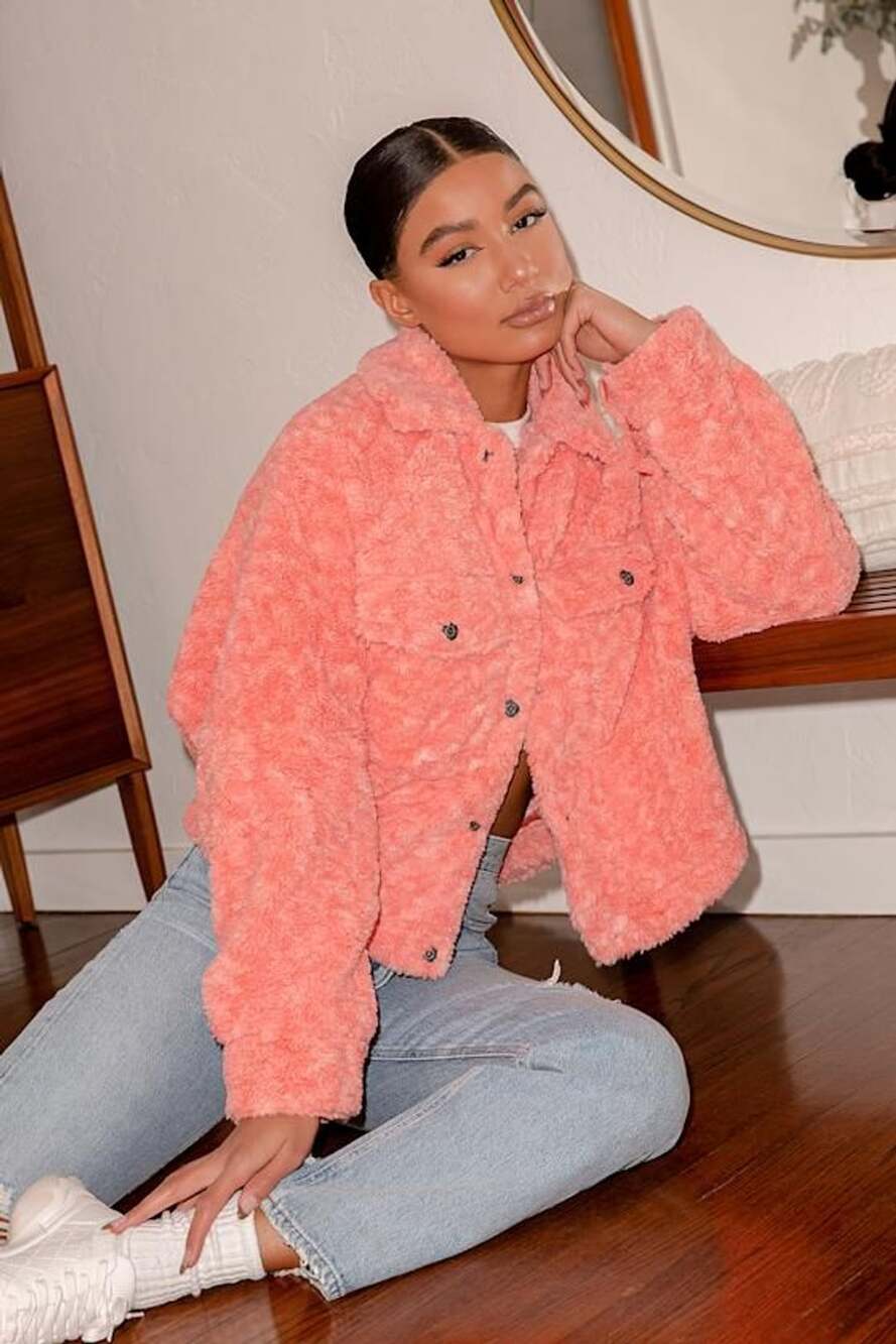 Free People Teddy Swing Jacket Melon Coral Faux Fur